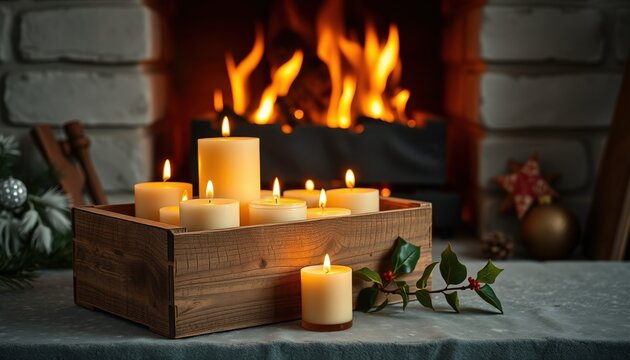 Decorative candles in wooden crate on table by the fireplace  