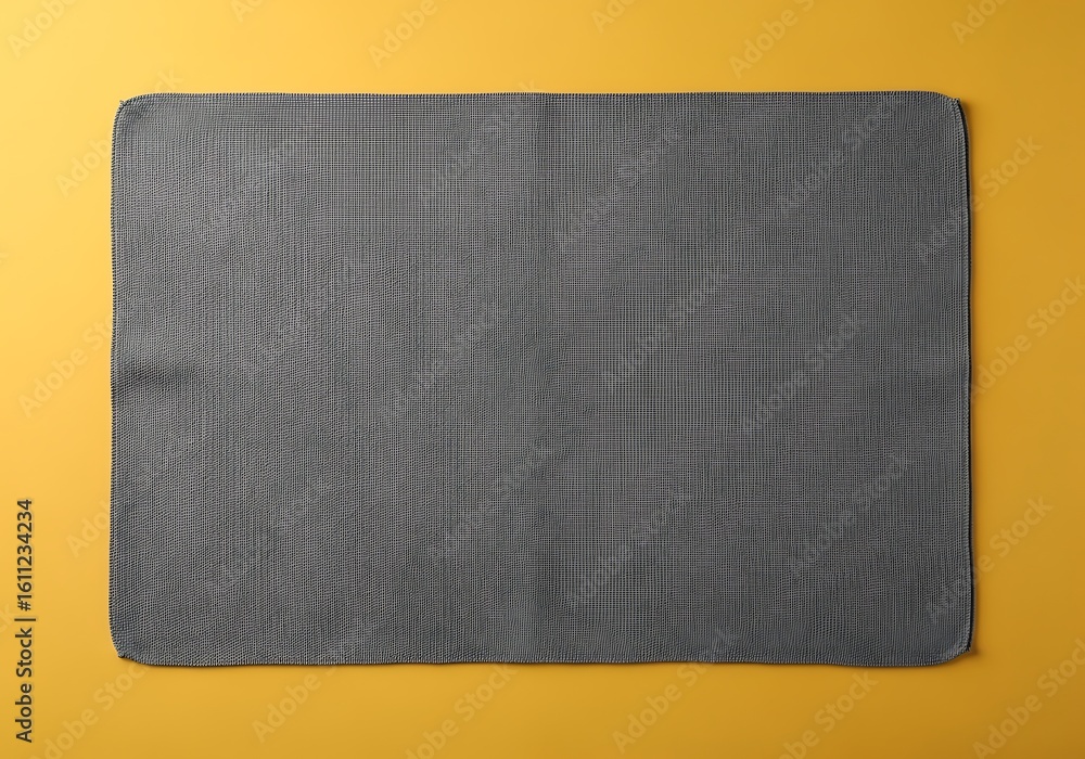 Poster top-down view of a rectangular gray microfiber cloth on a yellow background