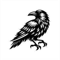 Fototapeta premium Stylized Black Raven Perched on White Background.