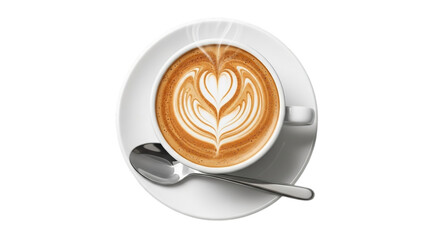 Top view of latte art coffee drink on white cup with spoon for cafe shop and breakfast concept on transparent background
