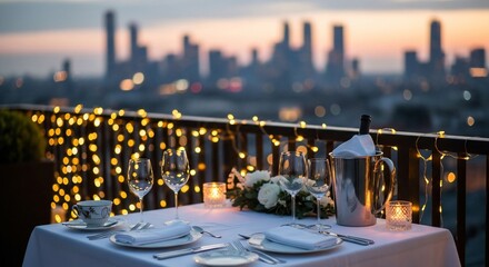 Romantic dinner setup with city view, ambient lighting and elegant table setting