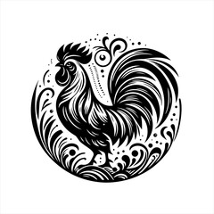 Stylized Black Rooster with Ornate Swirls.