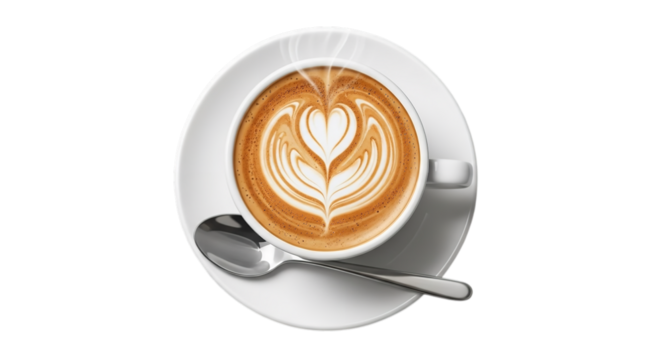 Top view of latte art coffee drink on white cup with spoon for cafe shop and breakfast concept on transparent background