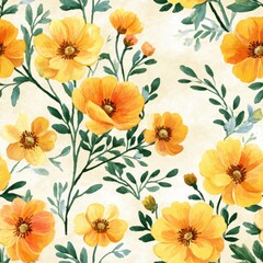 Beautiful Watercolor Floral Pattern With Blooming Yellow Flowers And Green Leaves Background Design