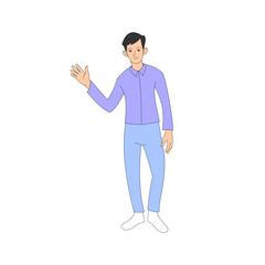 Man waving pose. Man in purple suit and light blue pants. Flat character. Office man. Neat man. Vector illustration