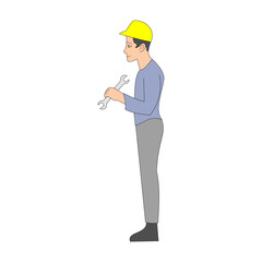 a mechanic man with a yellow helmet holding a wrench. factory employee. maintenance worker. job. workshop. vector illustration