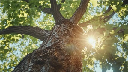 A sunlit tree with textured bark and green leaves in an outdoor environment, emphasizing natural growth against a bright sky. - Powered by Adobe