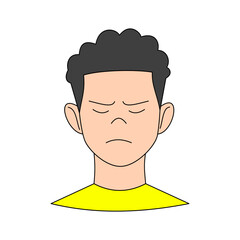 sad, disappointed facial expression. avatar. flat character. curly haired male face. vector illustration