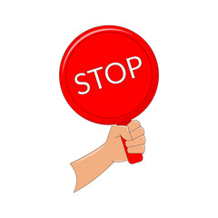 hand holding a sign that says stop. red stop sign. symbol. vector illustration