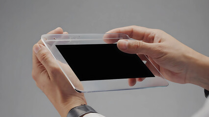 Hands Holding Digital transparent Tablet with Blank Screen