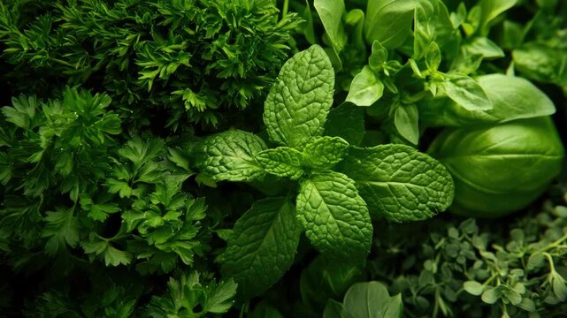 Bunches of fresh, vibrant herbs and vegetables for culinary use.