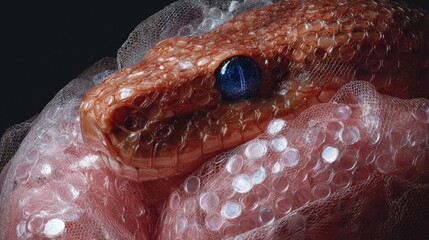 Close-up of a snake's head adorned with delicate fabric and translucent bubbles.