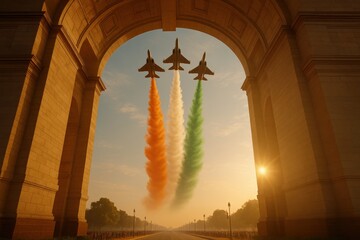 India independence day celebration background with air jets and india gate.