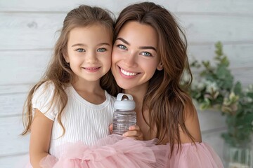 a happy young mother in a pink tulle skirt and her daughter with a water bottle