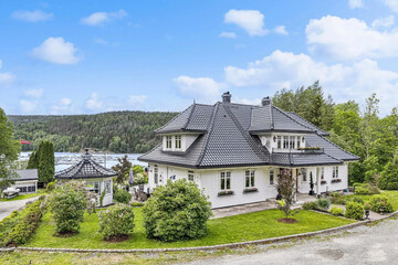 Modern luxury villa exterior in minimal scandinavian style, 3d render