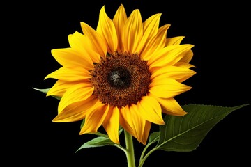 Fototapeta premium Close up of a sunflower with bright yellow petals and dark center, isolated on a black background, creating a vibrant contrast