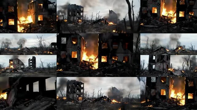 Burning buildings in a war zone
