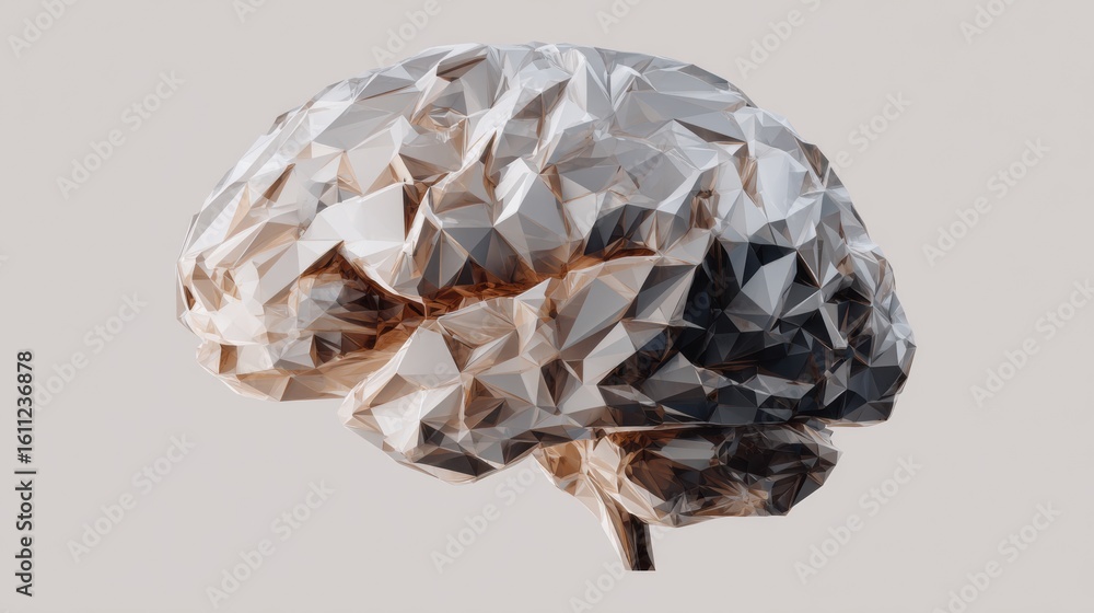 Poster geometric low-poly human brain model displayed on a neutral background showcasing intricate facets a