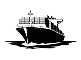 Obraz premium Black and White Illustration of a Container Ship at Sea Depicting Global Trade and Maritime Transportation