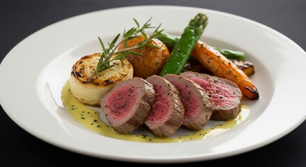 Sliced Beef Steak with Roasted Vegetables and Rosemary