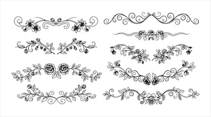 Floral wedding dividers, decorative vignettes and separators, borders and boundaries. Vector flower ornament dividers featuring rose vines, leaves, and blooms