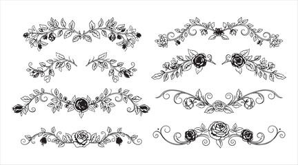 Floral wedding dividers, flourish vignettes and separators, borders and delimiters. Vector flower ornament dividers with rose vines, leaves and blossoms, garden plant branches and elegant flourishes.