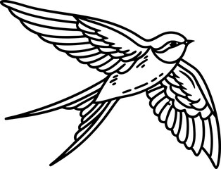 Obraz premium Swallow bird in flight, black and white outline illustration graceful soaring animal symbol, clean line art