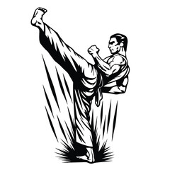 Fototapeta premium Dynamic Monochrome Illustration of a Martial Artist Executing a High Kick with Precision and Strength