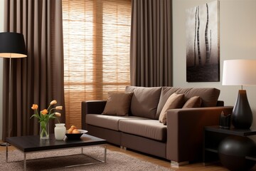 Sunlight filtering through window blinds illuminates a stylish, contemporary living room featuring a brown sofa, matching curtains, and a tastefully decorated coffee table