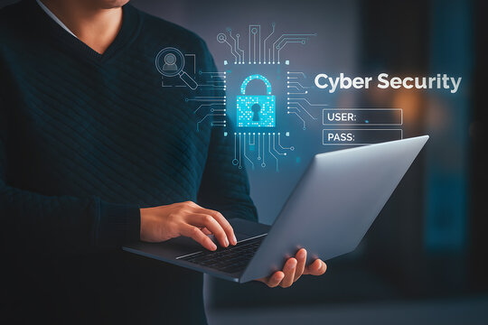 Cybersecurity and Data Protection Illustration Featuring Laptop and Digital Interface Elements