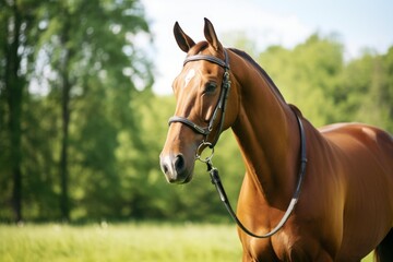 Obraz premium Beautiful chestnut horse wearing a bridle stands majestically in a lush green field, enjoying a sunny day