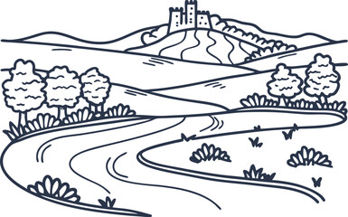 Countryside landscape with winding road, distant castle, rolling hills, trees, rural nature illustration