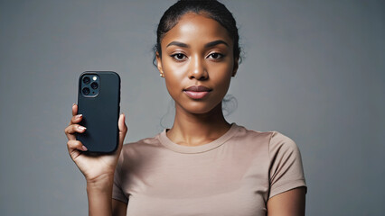 Confident woman holding smartphone facing camera