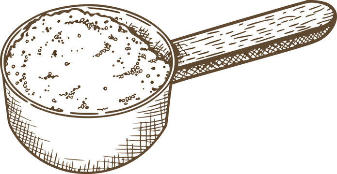 Measuring scoop filled with powder hand drawn illustration of kitchen utensil and ingredient for baking or cooking