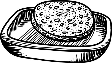 Hand drawn butter dish with lid vintage sketch, rectangular tray holding round slab, engraved rustic kitchen utensil