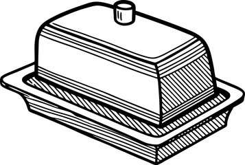 Rectangular butter dish with lid kitchenware utensil, vintage hand drawn illustration for dairy storage