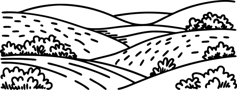 Rolling countryside hills illustration rural landscape with bushes, fields, and gentle slopes black outline drawing
