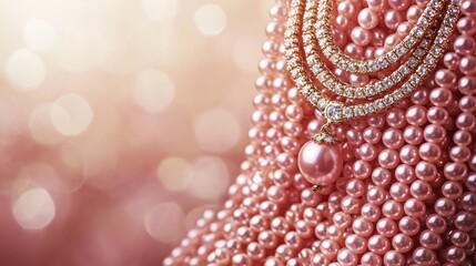 Pearls, necklace, gold, & diamonds on blush background
