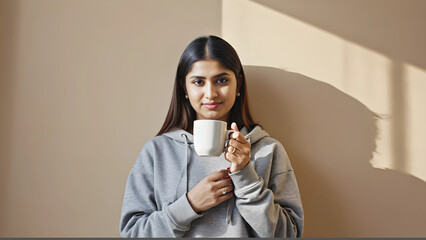  Young woman holding coffee mug and enjoying peaceful morning indoors