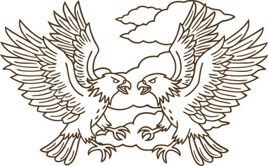 Obraz premium Two fierce eagles facing each other with wings spread, dramatic confrontation, stylized line art cloudy sky