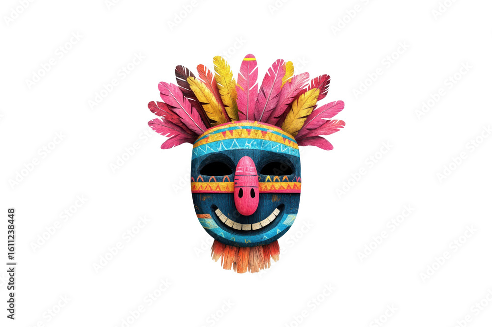 Poster ornate tribal mask with colorful feathers and geometric patterns isolated on a transparent backgroun