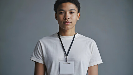 Confident Young Man Wearing ID Badge Standing Against Gray Background