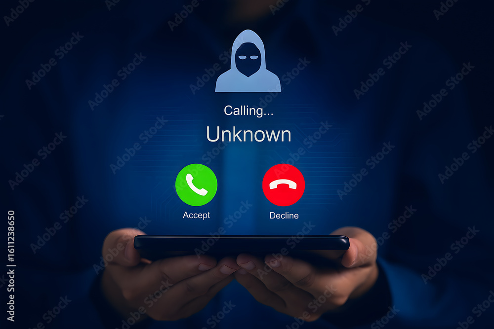 Poster incoming call from unknown number on smartphone representing phone scam or fraud concept