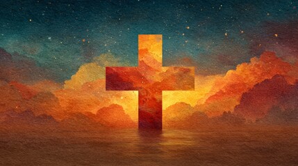 Medium close-up of a cross silhouette on a golden sunny background