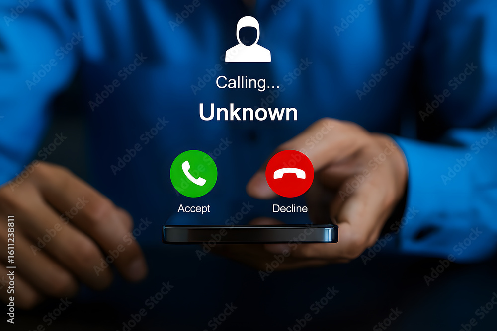 Poster incoming call from unknown caller displayed on smartphone screen representing potential scam or priv