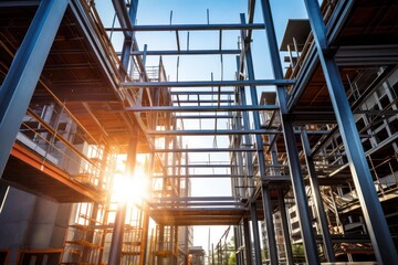 Modern construction site with steel frame structure at sunset, showcasing architectural progress and the future of urban development