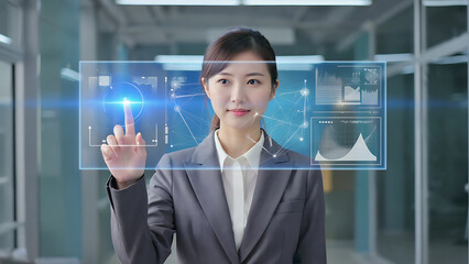 Businesswoman interacting with futuristic touchscreen interface in virtual office