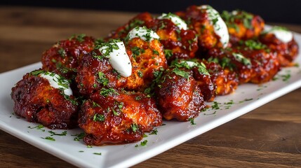 Delicious chicken wings covered in barbecue sauce and garnished with parsley
