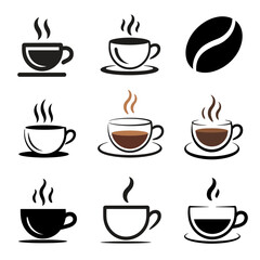 Coffee Cups Collection Various Hot Drinks Tea and Single Coffee Bean Vector Illustration Graphics
