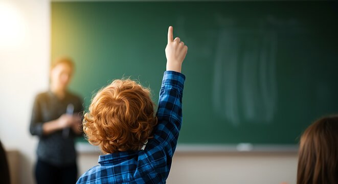 Boy raising hand in classroom with teacher near chalkboard